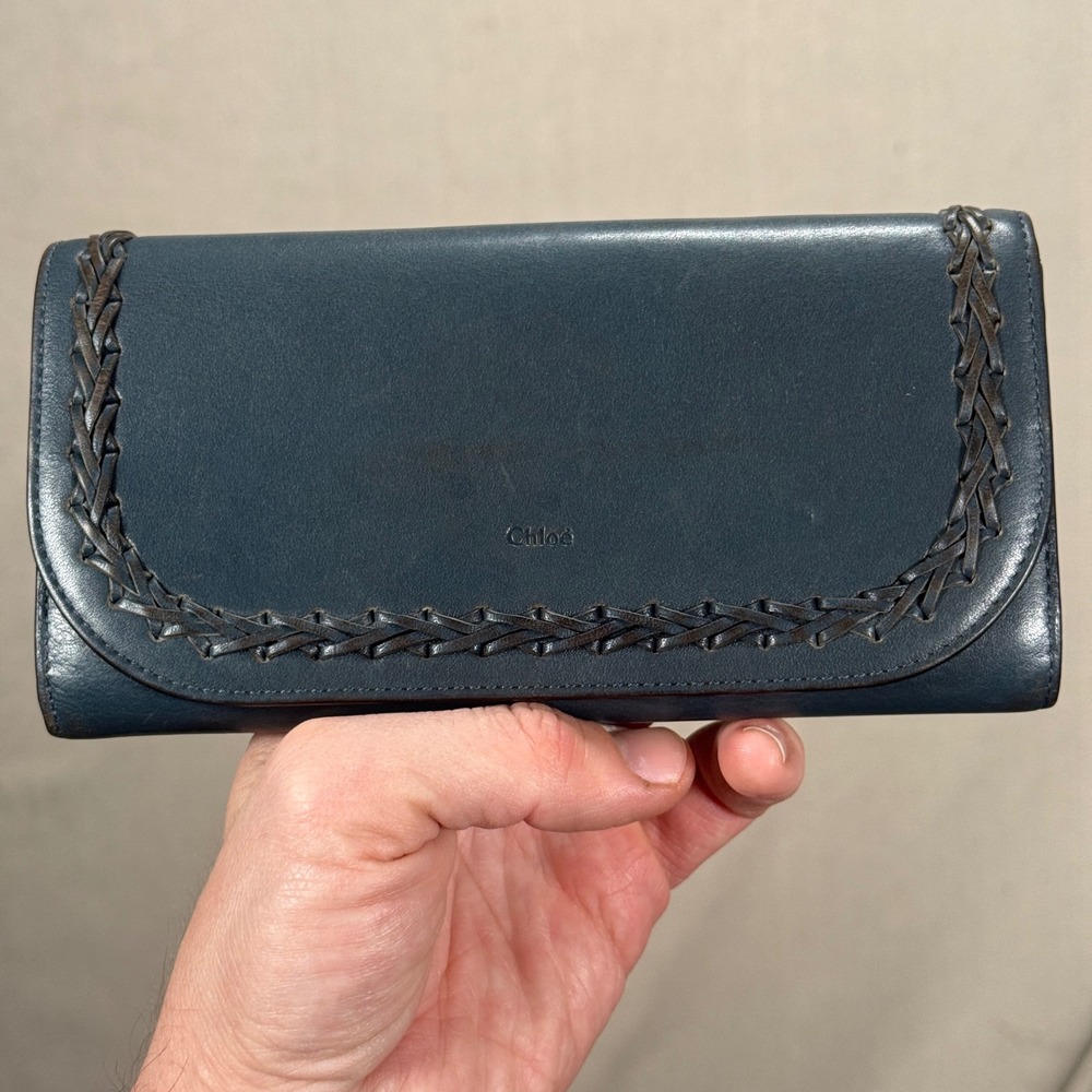 Chloé Hudson Braided Leather Long Flap Wallet‎ Teal Continental Clutch Organizer